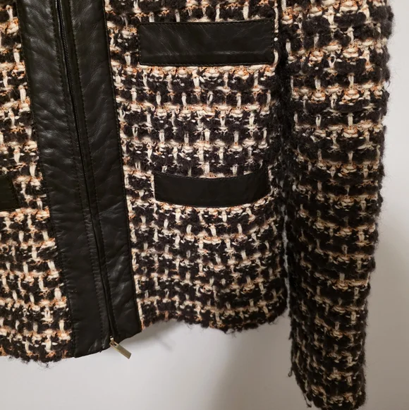 Vintage St.John Tweed Knit Brown Cardigan Jacket Leather Trim Size Women US 6 - Picture 4 of 6